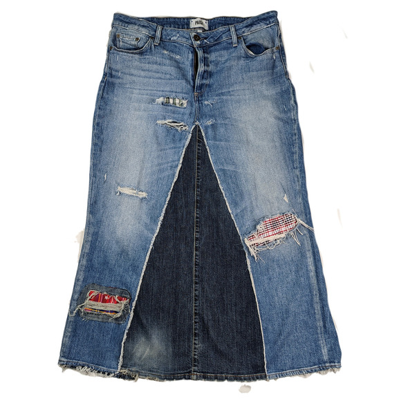 REFRESHED- Paige Distressed Handcrafted Denim Midi Skirt - Picture 1 of 5